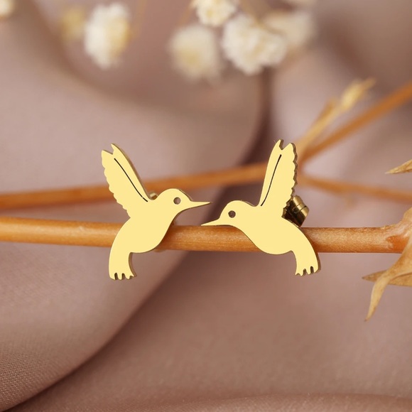 GOLD Hummingbird Mini Stainless Steel Stud Earrings With Gift Bag - Picture 4 of 6